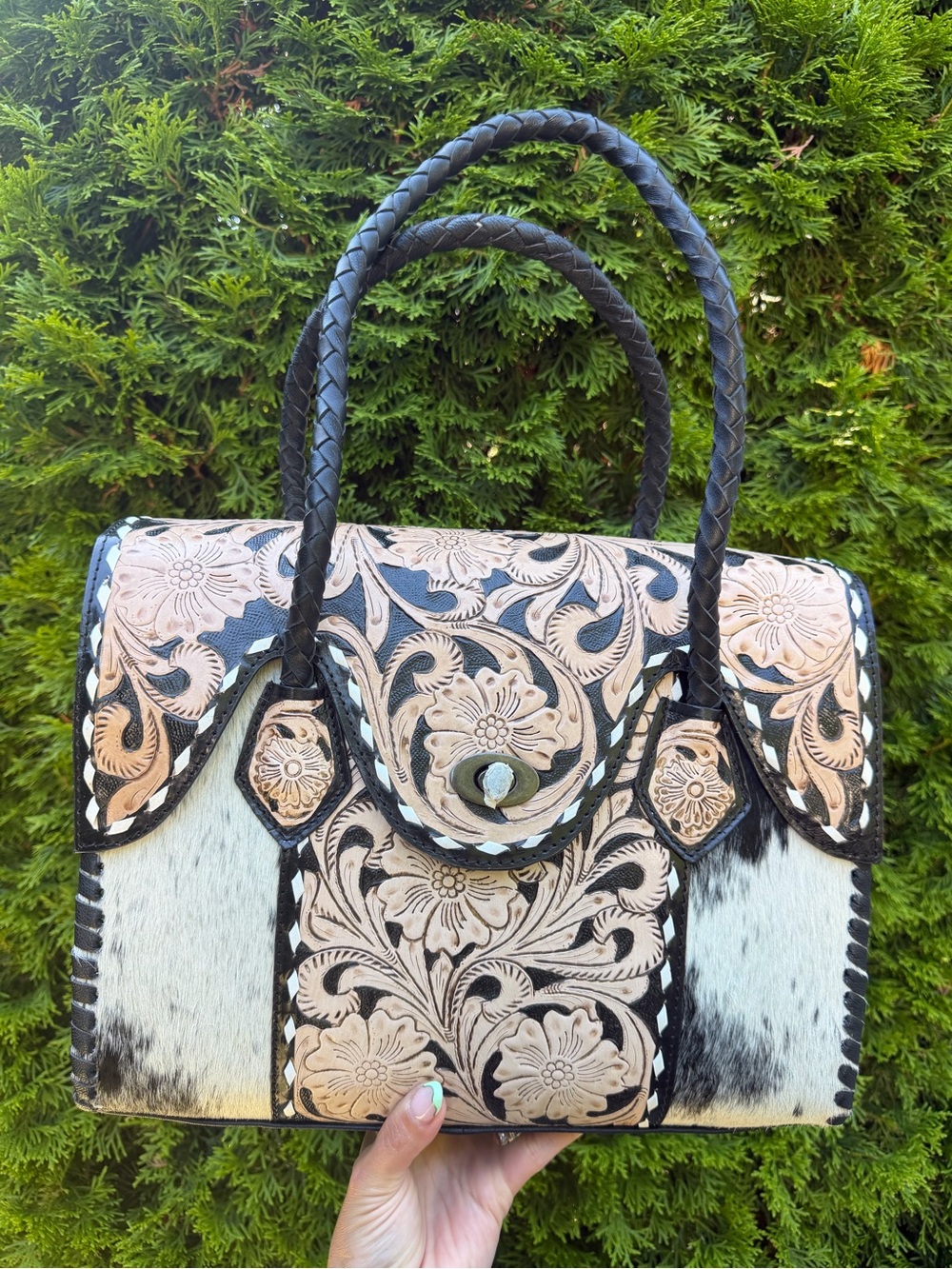 Hand-Tooled Floral Genuine Leather & Cowhide Satchel in Black and Cream